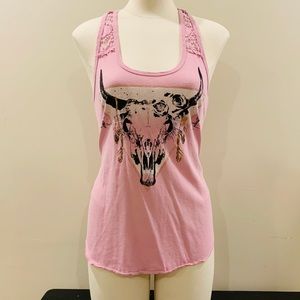Small Cattle Skull Tank Top Pink Lace Racer Back